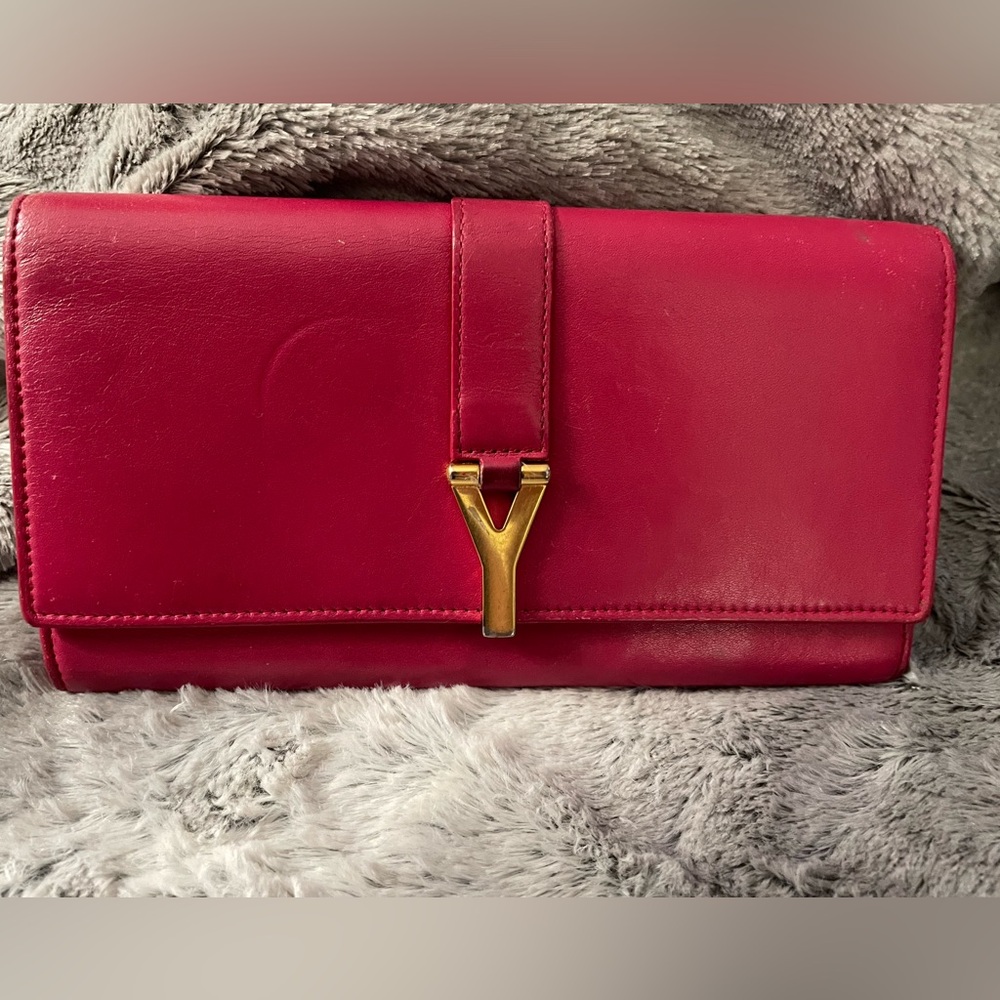 YSL Saint Laurent Paris Calfskin Y Line Flap Wallet Long Leather Pink Fuchsia
